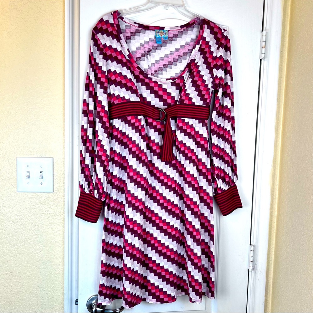 Plenty By Tracy Reese Salmon Burgundy Beige White Artsy Belted Dress Sz M